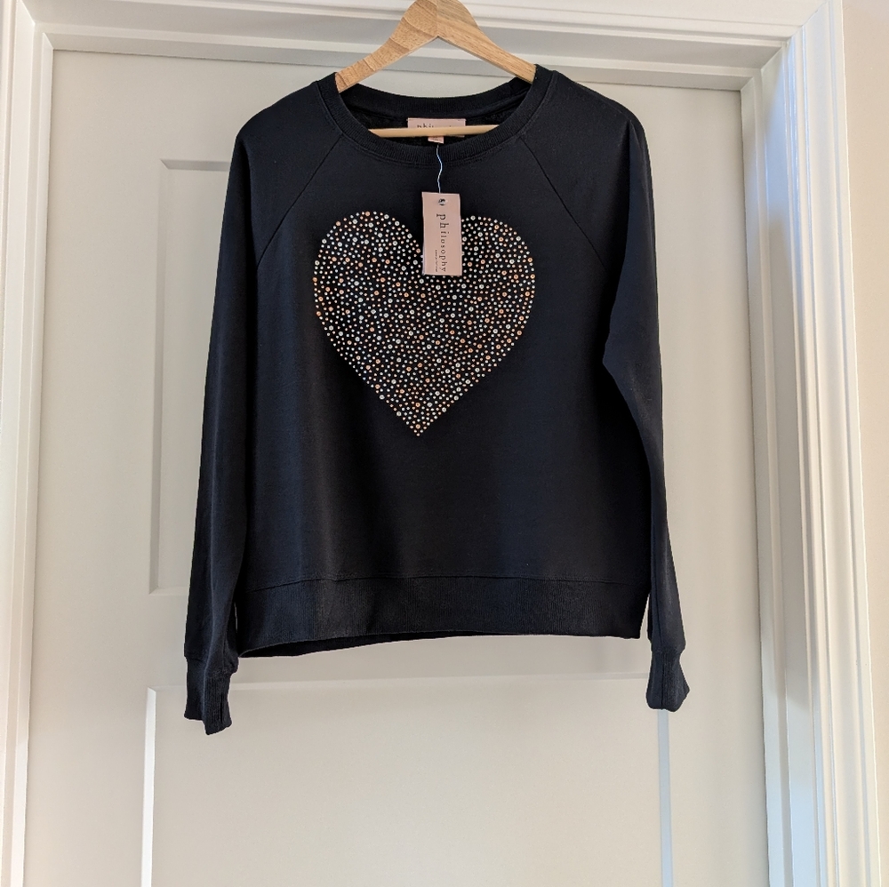 Philosophy Black Sweatshirt Small With Heart Embellishment NEW